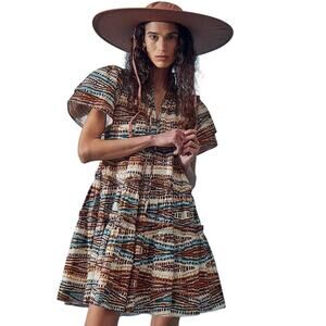 Hunter Bell Merritt Dress Zig Zag Short Sleeve Mini Dress Brown Cotton Small